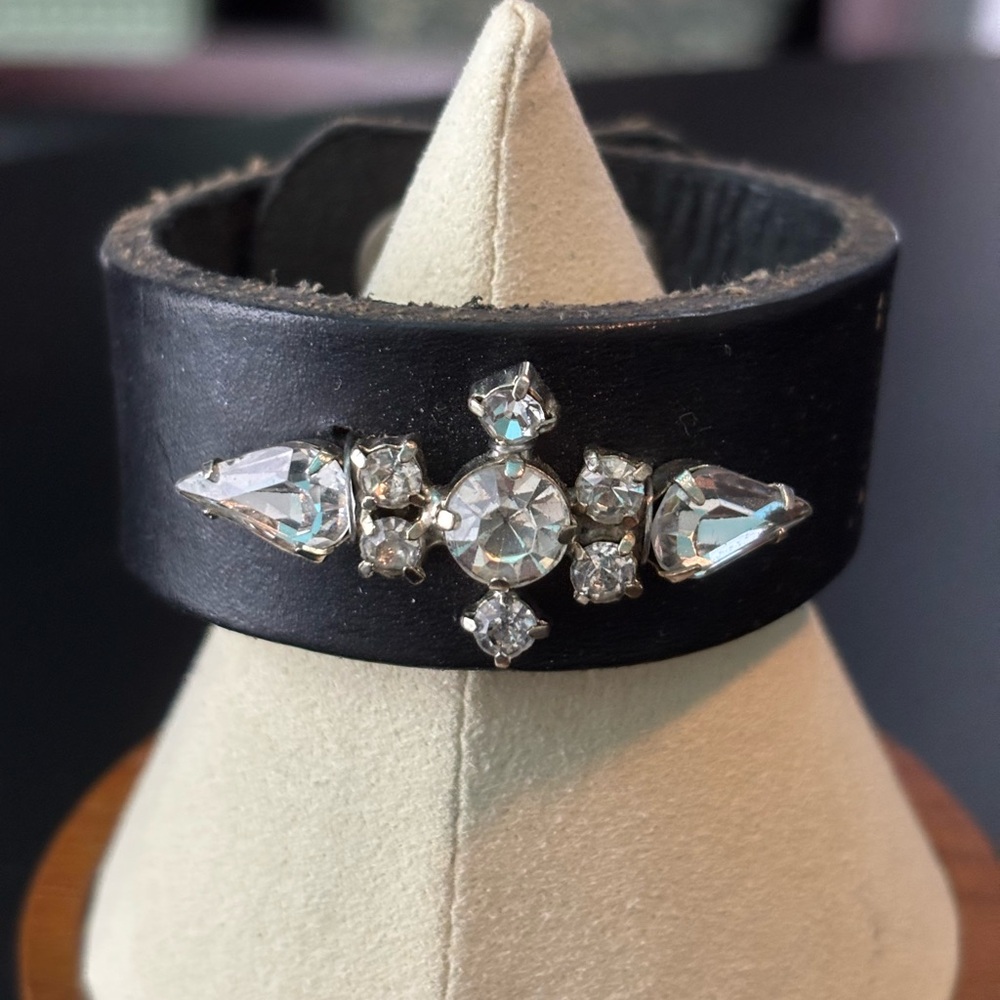 Black Leather Cuff Bracelet with Vintage Crystal Accents